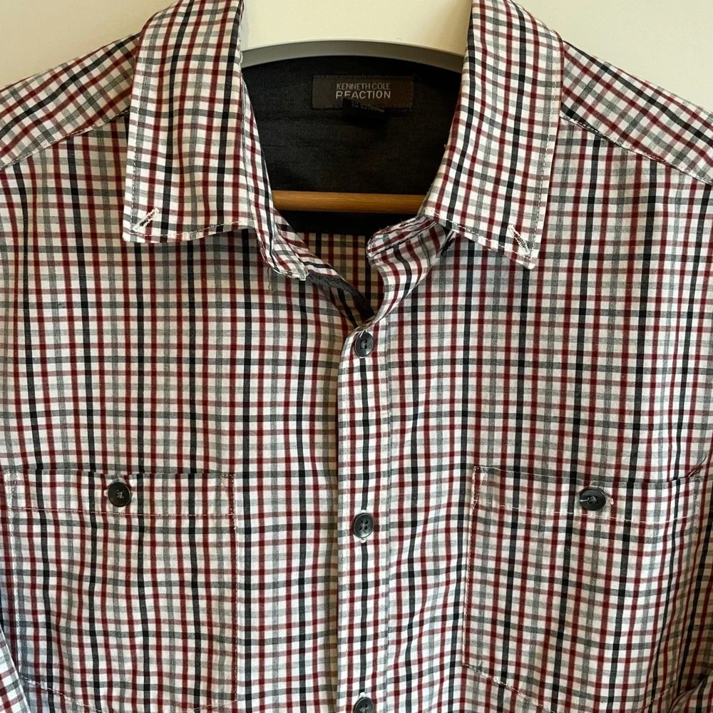 Kenneth Cole Reaction Men's Plaid Long Sleeve‎ Button Down Shirt Elbow Patches L